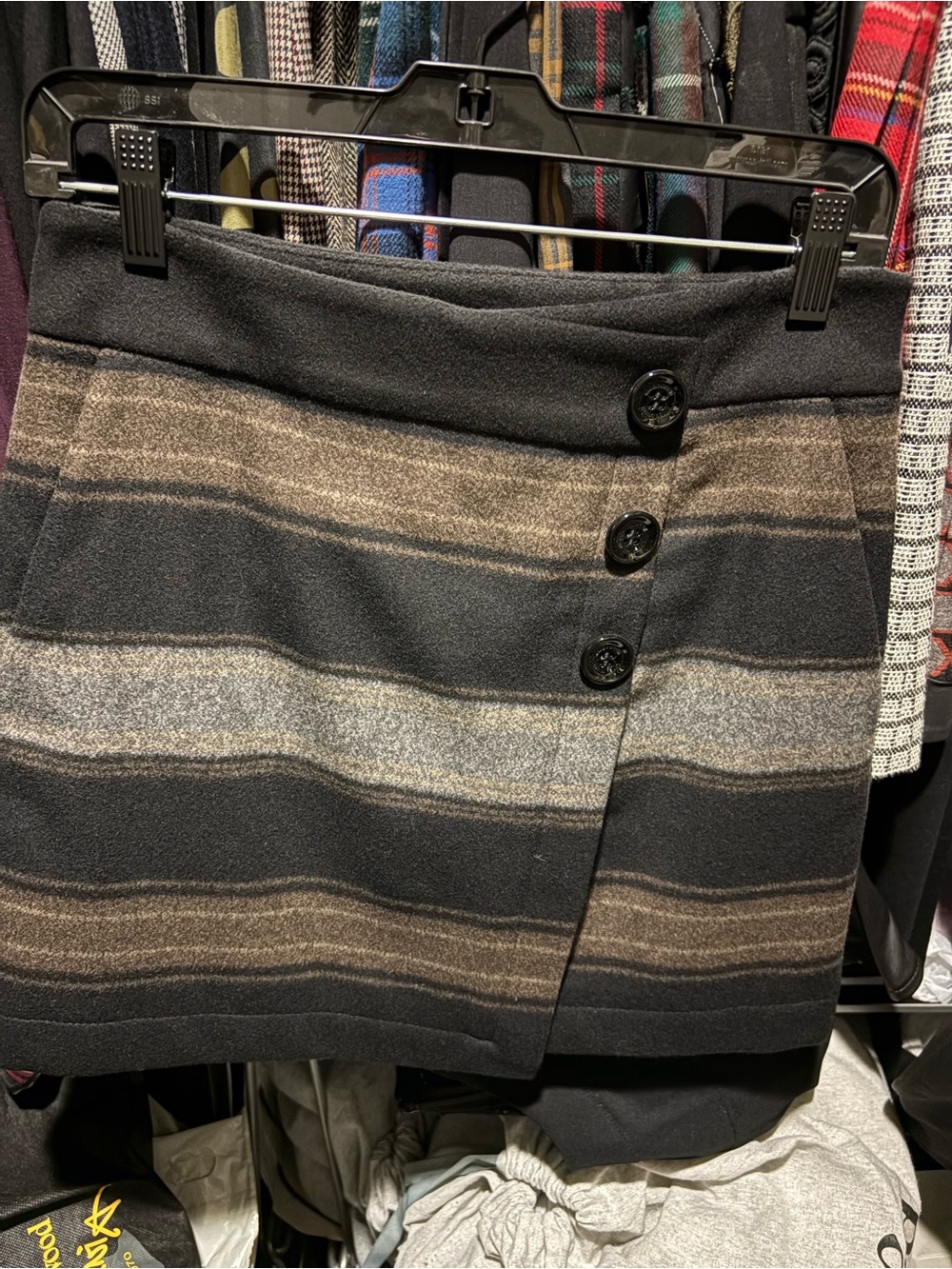Karen Millen Black, Brown & Gray Striped Button Mini Skirt with Pockets